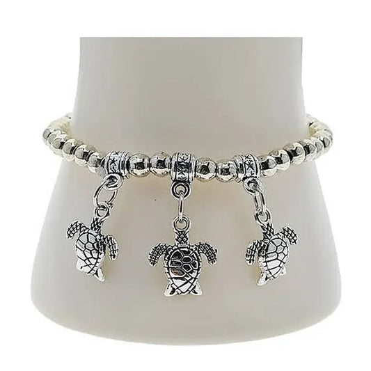 Silver Turtle Charm Bead Bracelet