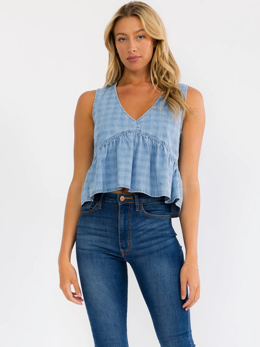 Sleeveless Ruffle Hem Denim Top