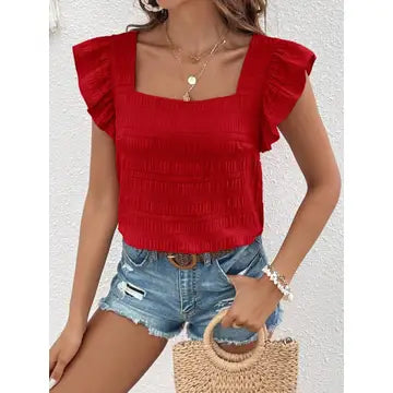 Square Collar Ruffle Sleeve Top