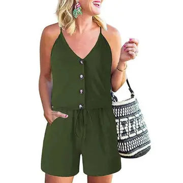 V Neck Button Down Drawstring Romper