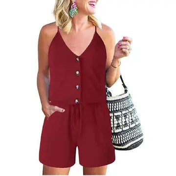 V Neck Button Down Drawstring Romper