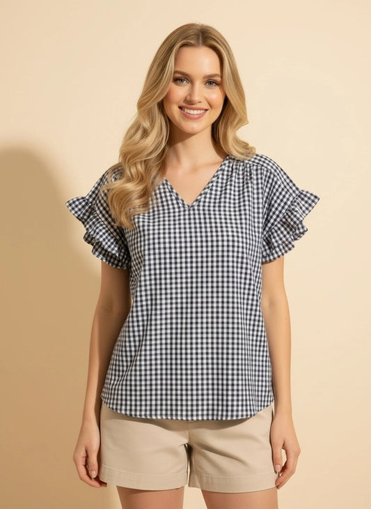 V Neck Check Top - Misses