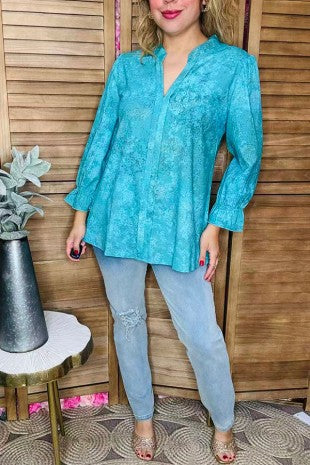 Western Teal Ruffle Edge Blouse