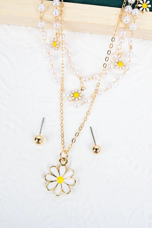 White Daisy Pearl Necklace Set