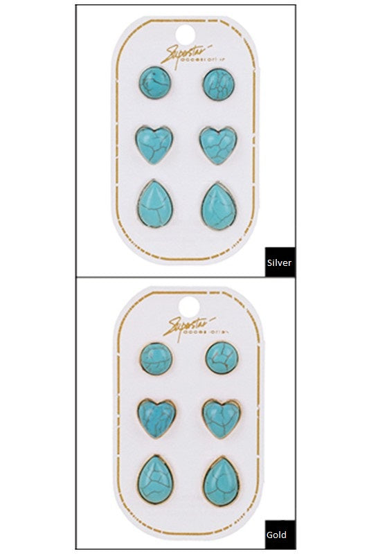 Turquoise Stud Earrings 3pc Set