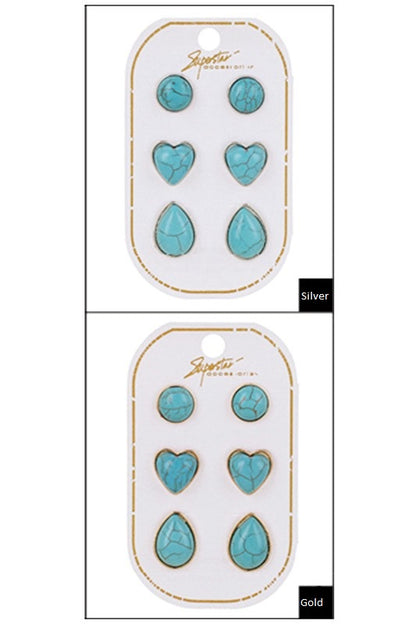 Turquoise Stud Earrings 3pc Set